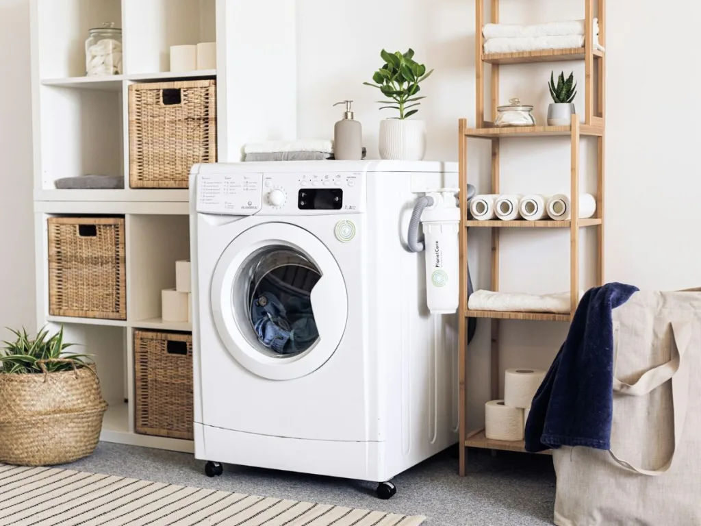 Een wasmachine in een washok die is aangesloten op een waterontharder