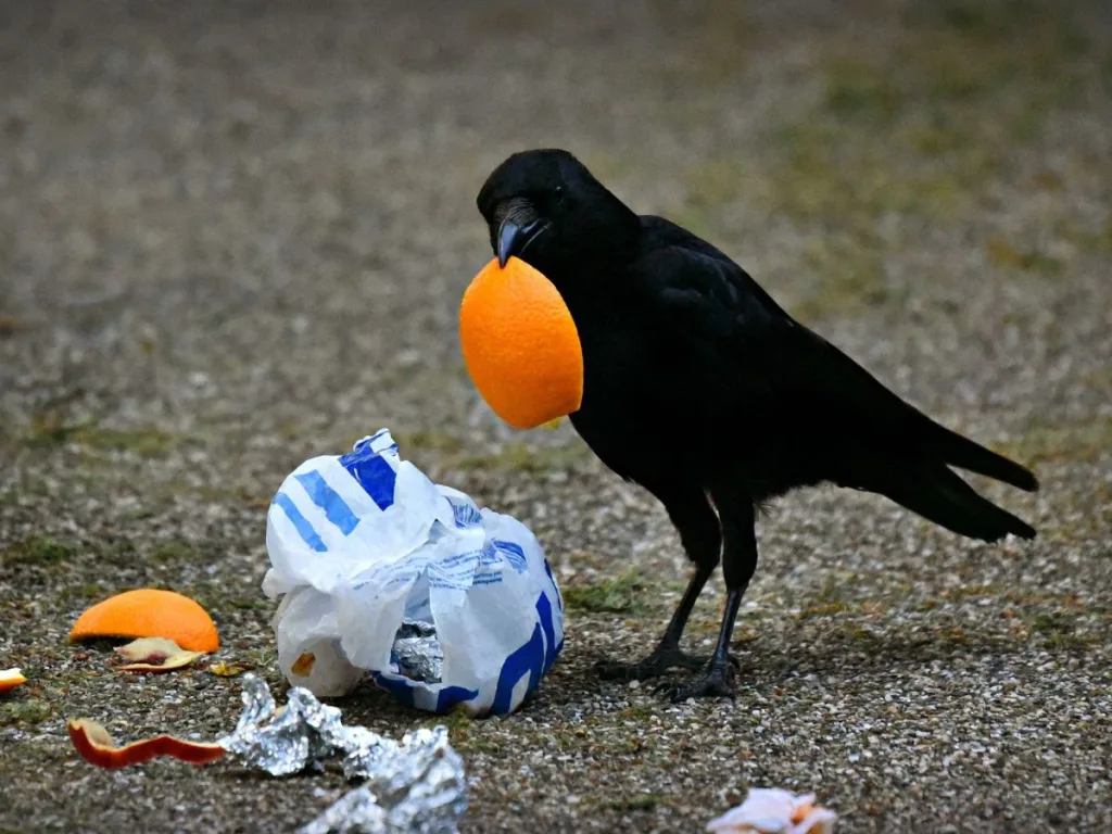 Kraai staat op straat naast afval met een stuk fruitschil in de bek