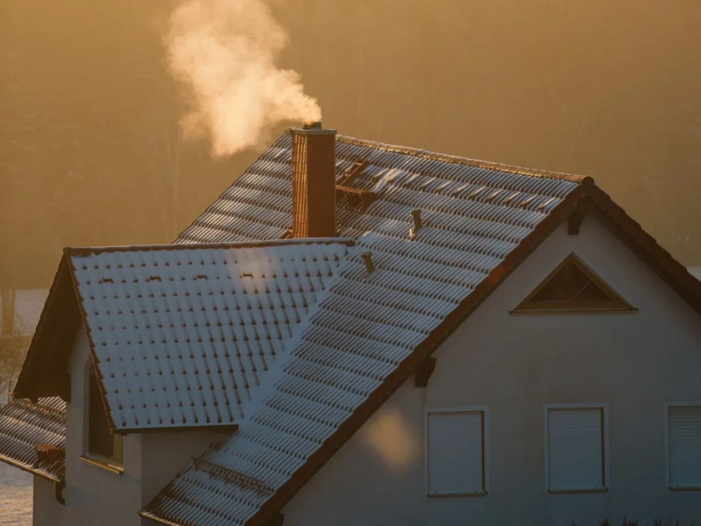 Dak van een huis met spouwmuurisolatie waar rook uit de schoorsteen komt