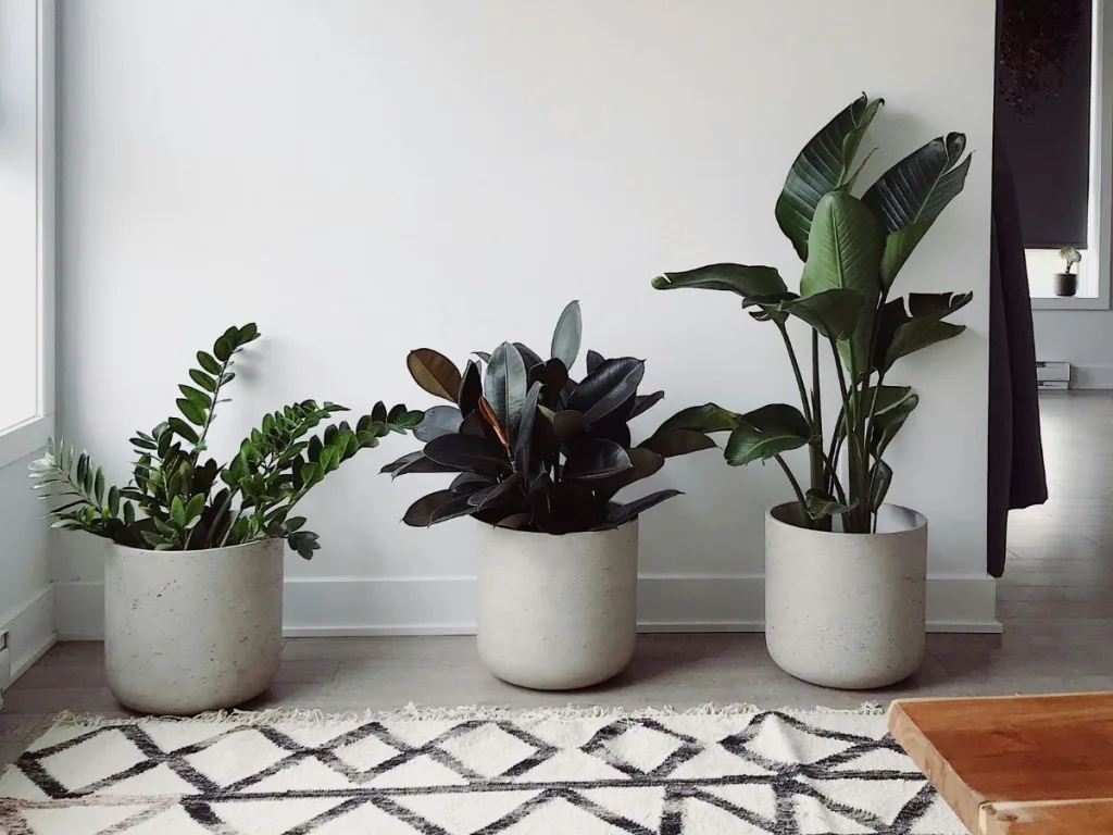 Drie witte potten met mooie kunstplanten in een huis